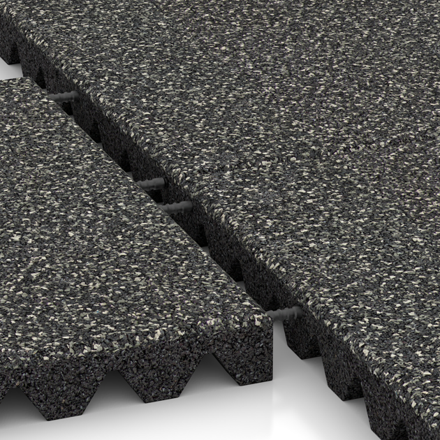 Großaufnahme vom Verbindungssystem von WARCO-Boden 5359 - Gumijasta varovalna plošča za otroška igrišča im Farbdesign Temno sivi granit. Abmessungen 500 x 500 x 50 mm.
