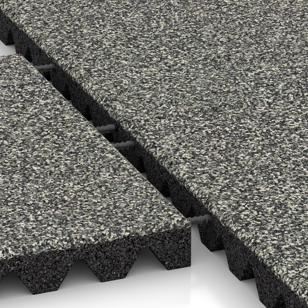 Großaufnahme vom Verbindungssystem von WARCO-Boden 5356 - Gumijasta varovalna plošča za otroška igrišča im Farbdesign Siv granit. Abmessungen 500 x 500 x 50 mm.