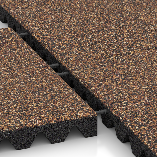 Großaufnahme vom Verbindungssystem von WARCO-Boden 5360 - Gumijasta varovalna plošča za otroška igrišča im Farbdesign Losa in Koren. Abmessungen 500 x 500 x 50 mm.