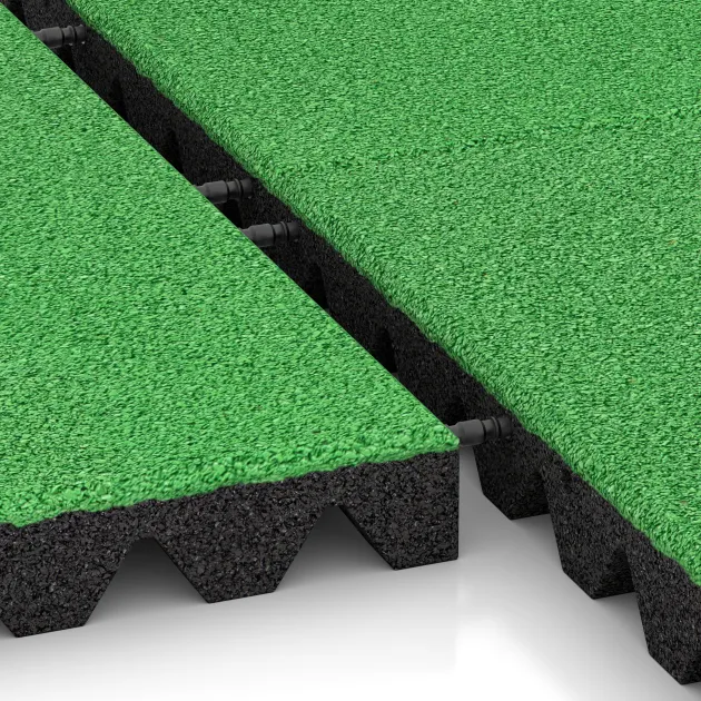 Großaufnahme vom Verbindungssystem von WARCO-Boden 0685 - Gumijasta varovalna plošča za otroška igrišča im Farbdesign Pomladno zelena. Abmessungen 500 x 500 x 50 mm.