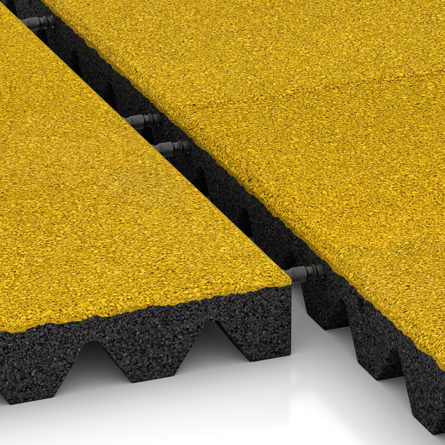 Großaufnahme vom Verbindungssystem von WARCO-Boden 0686 - Gumijasta varovalna plošča za otroška igrišča im Farbdesign Citronsko rumena. Abmessungen 500 x 500 x 50 mm.