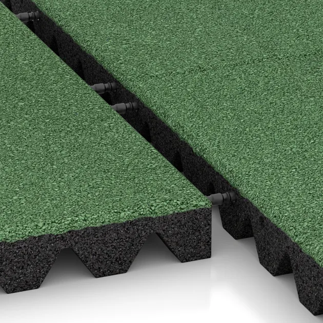 Großaufnahme vom Verbindungssystem von WARCO-Boden 5570 - Varnostna gumijasta plošča za otroška igrišča 5 cm - EN 1177 ≤ 145 cm im Farbdesign Bledo zelena. Abmessungen 500 x 500 x 50 mm.
