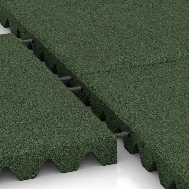 Großaufnahme vom Verbindungssystem von WARCO-Boden 0692 - Gumijasta varovalna plošča za otroška igrišča im Farbdesign Travna zelena. Abmessungen 500 x 500 x 50 mm.