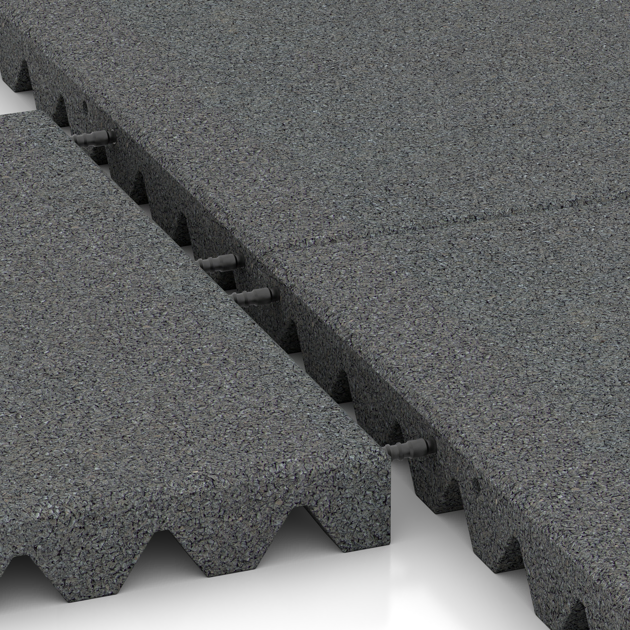 Großaufnahme vom Verbindungssystem von WARCO-Boden 0693 - Gumijasta varovalna plošča za otroška igrišča im Farbdesign Lupkovosiva. Abmessungen 500 x 500 x 50 mm.