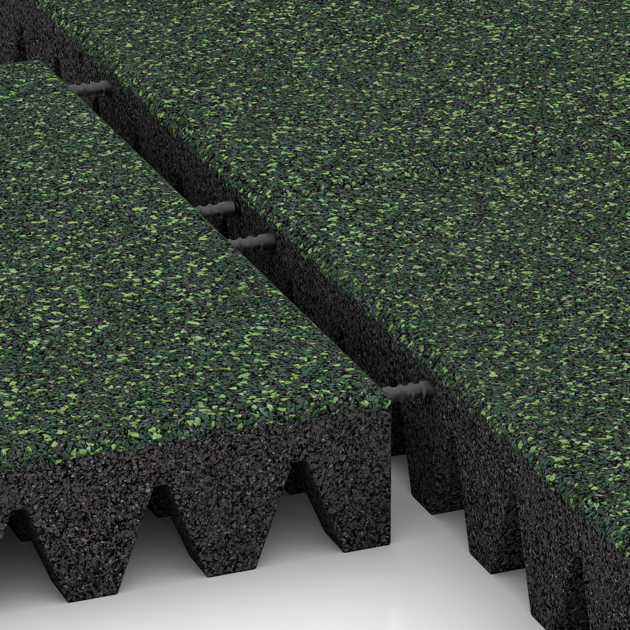 Großaufnahme vom Verbindungssystem von WARCO-Boden 5365 - Gumijasta varovalna plošča za otroška igrišča im Farbdesign Angleška trava. Abmessungen 500 x 500 x 80 mm.