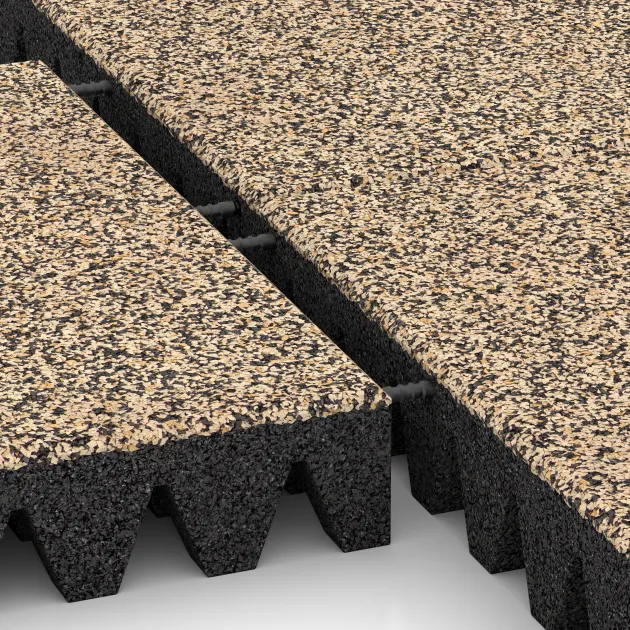 Großaufnahme vom Verbindungssystem von WARCO-Boden 5619 - Varnostna gumijasta plošča za otroška igrišča 8 cm - EN 1177 ≤ 215 cm im Farbdesign Travertin. Abmessungen 500 x 500 x 80 mm.