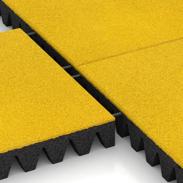 Großaufnahme vom Verbindungssystem von WARCO-Boden 5606 - Varnostna gumijasta plošča za otroška igrišča 8 cm - EN 1177 ≤ 215 cm im Farbdesign Citronsko rumena. Abmessungen 500 x 500 x 80 mm.