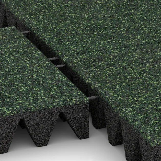 Großaufnahme vom Verbindungssystem von WARCO-Boden 5646 - Varnostna gumijasta plošča za otroška igrišča 10 cm - EN 1177 ≤ 300 cm im Farbdesign Angleška trava. Abmessungen 500 x 500 x 100 mm.