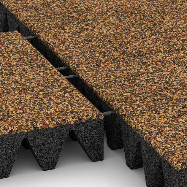 Großaufnahme vom Verbindungssystem von WARCO-Boden 3700 - Gumijasta varovalna plošča za otroška igrišča im Farbdesign Terra Cotta. Abmessungen 500 x 500 x 100 mm.