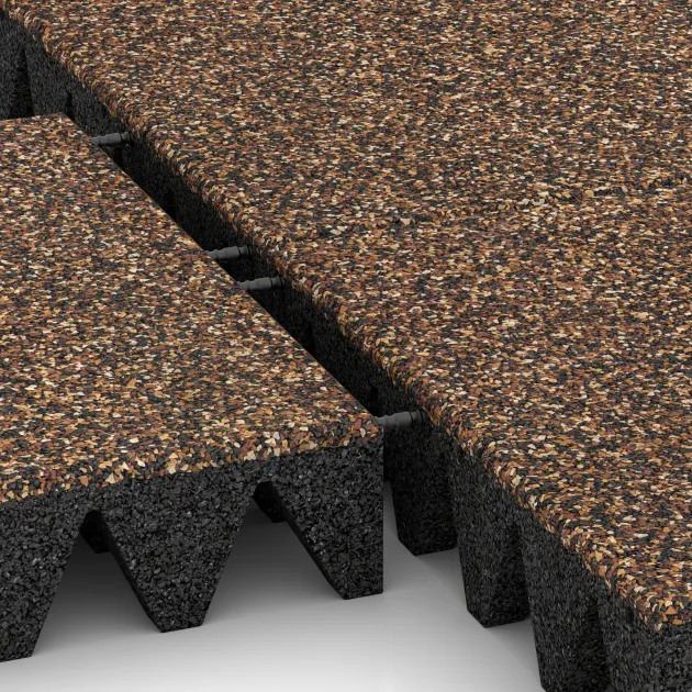 Großaufnahme vom Verbindungssystem von WARCO-Boden 3711 - Gumijasta varovalna plošča za otroška igrišča im Farbdesign Losa in Koren. Abmessungen 500 x 500 x 100 mm.