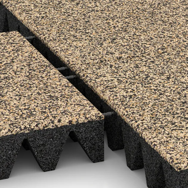 Großaufnahme vom Verbindungssystem von WARCO-Boden 5651 - Varnostna gumijasta plošča za otroška igrišča 10 cm - EN 1177 ≤ 300 cm im Farbdesign Travertin. Abmessungen 500 x 500 x 100 mm.