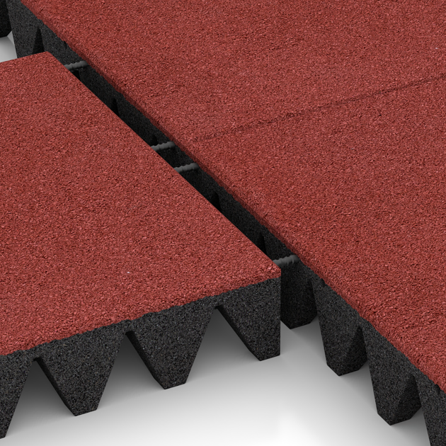 Großaufnahme vom Verbindungssystem von WARCO-Boden 0734 - Gumijasta varovalna plošča za otroška igrišča im Farbdesign Koralen rdeča. Abmessungen 500 x 500 x 100 mm.