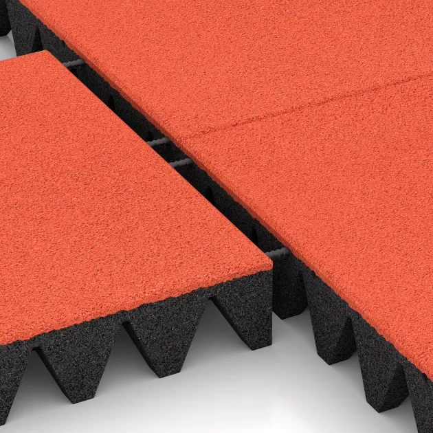 Großaufnahme vom Verbindungssystem von WARCO-Boden 5639 - Varnostna gumijasta plošča za otroška igrišča 10 cm - EN 1177 ≤ 300 cm im Farbdesign Svetlo rdeče-oranžna. Abmessungen 500 x 500 x 100 mm.