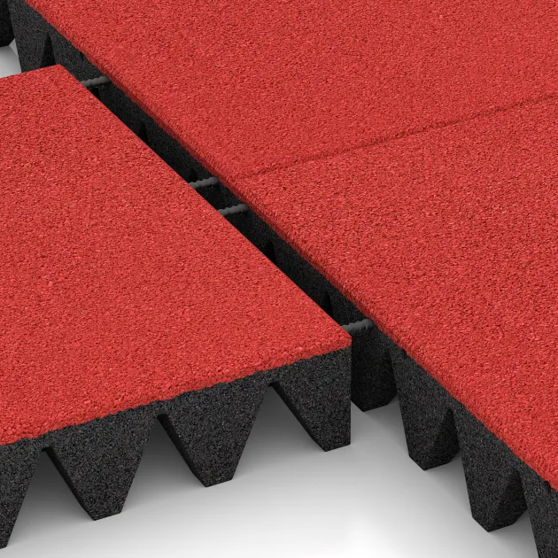 Großaufnahme vom Verbindungssystem von WARCO-Boden 0743 - Gumijasta varovalna plošča za otroška igrišča im Farbdesign Rdeča Vrtnica. Abmessungen 500 x 500 x 100 mm.