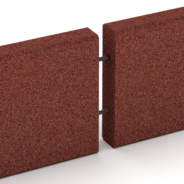 Großaufnahme vom Verbindungssystem von WARCO-Boden 2591 - Gummi-Randstein (Tiefbord) im Farbdesign Opečno rdeča. Abmessungen 1000 x 50 x 250 mm.