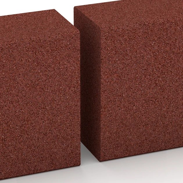 Großaufnahme vom Verbindungssystem von WARCO-Boden 7029 - Stopnica iz gumnega granulata im Farbdesign Opečno rdeča. Abmessungen 100 x 30 x 15 cm.