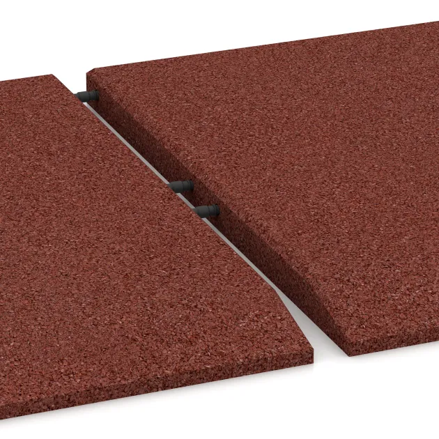 Großaufnahme vom Verbindungssystem von WARCO-Boden 0420 - Rand-Platte (eine Seite abgeschrägt) im Farbdesign Opečno rdeča. Abmessungen 500 x 500 x 30 mm.