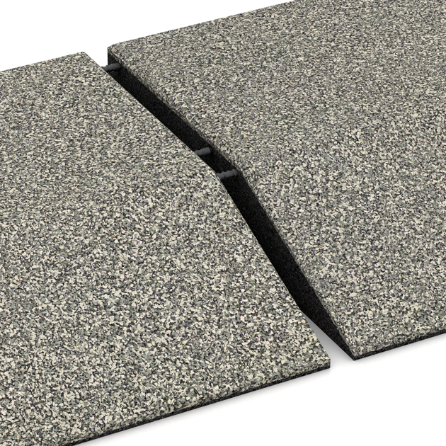 Großaufnahme vom Verbindungssystem von WARCO-Boden 3813 - Rand-Platte (eine Seite abgeschrägt) im Farbdesign Svetli granit. Abmessungen 500 x 500 x 100 mm.