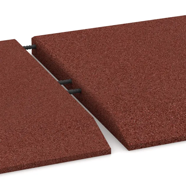 Großaufnahme vom Verbindungssystem von WARCO-Boden 0468 - Eck-Platte (zwei Seiten abgeschrägt) im Farbdesign Opečno rdeča. Abmessungen 500 x 500 x 40 mm.