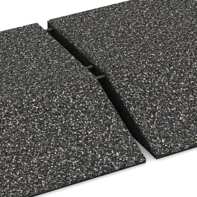 Großaufnahme vom Verbindungssystem von WARCO-Boden 3833 - Eck-Platte (zwei Seiten abgeschrägt) im Farbdesign Temno sivi granit. Abmessungen 500 x 500 x 100 mm.