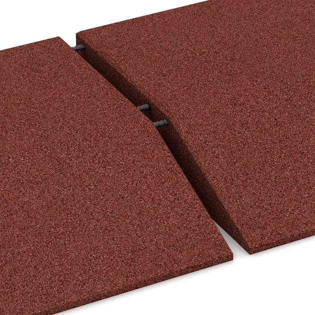 Großaufnahme vom Verbindungssystem von WARCO-Boden 0498 - Eck-Platte (zwei Seiten abgeschrägt) im Farbdesign Opečno rdeča. Abmessungen 500 x 500 x 100 mm.