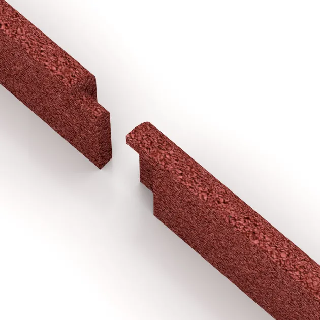 Großaufnahme vom Verbindungssystem von WARCO-Boden 4293 - Podnožna letev im Farbdesign Koralen rdeča. Abmessungen 750 x 20 x 80 mm.
