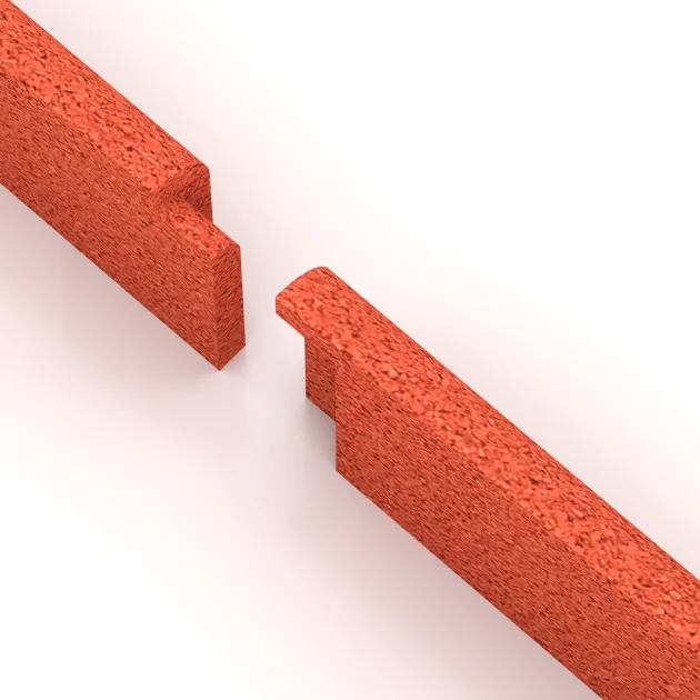 Großaufnahme vom Verbindungssystem von WARCO-Boden 4285 - Podnožna letev im Farbdesign Svetlo rdeče-oranžna. Abmessungen 750 x 20 x 80 mm.