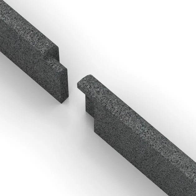 Großaufnahme vom Verbindungssystem von WARCO-Boden 2266 - Podnožna letev im Farbdesign Lupkovosiva. Abmessungen 750 x 20 x 80 mm.