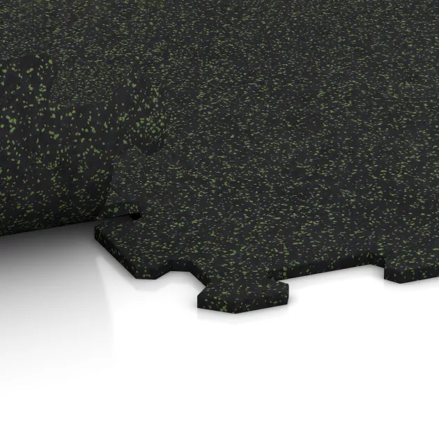 Großaufnahme vom Verbindungssystem von WARCO-Boden 1042 - Treppenbelag im Farbdesign Lekko zeleni posipani. Abmessungen 970 x 970 x 8 mm | 0,94 m.