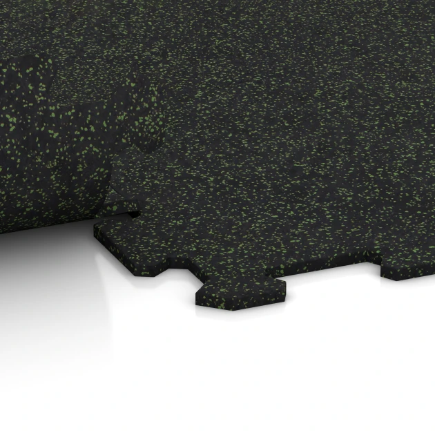 Großaufnahme vom Verbindungssystem von WARCO-Boden 1058 - Fitnes Podlaga Kompakt im Farbdesign Lekko zeleni posipani. Abmessungen 970 x 970 x 8 mm | 0,94 m.