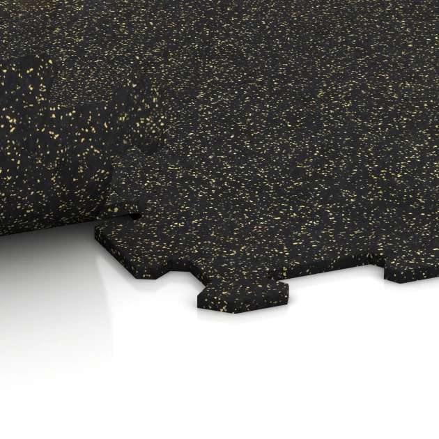 Großaufnahme vom Verbindungssystem von WARCO-Boden 1063 - Fitnes talna obloga Kompakt im Farbdesign Lehko rumeno posipana. Abmessungen 970 x 970 x 8 mm | 0,94 m.