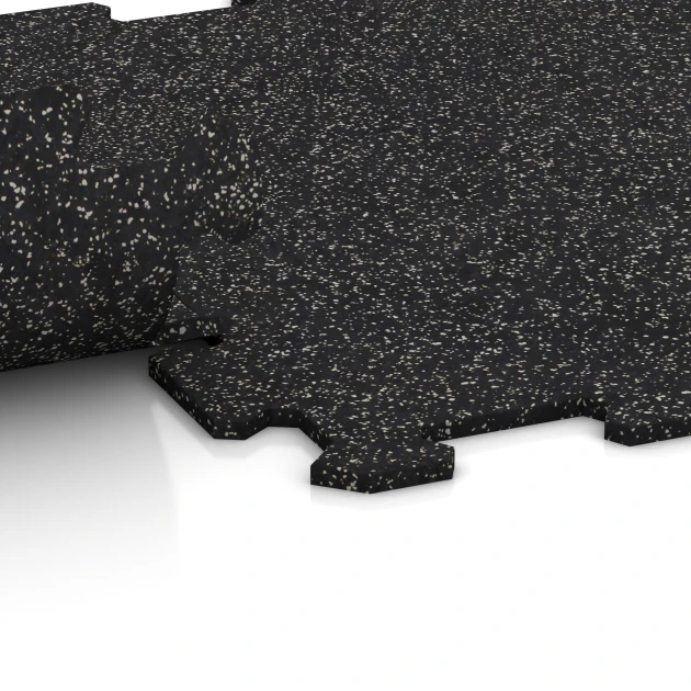 Großaufnahme vom Verbindungssystem von WARCO-Boden 0920 - Fitnes Podlaga Kompakt im Farbdesign Rahlo sivo posuto. Abmessungen 485 x 485 x 8 mm | 0,235 m².