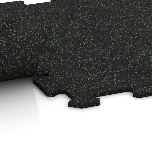 Großaufnahme vom Verbindungssystem von WARCO-Boden 0921 - Fitnes Podlaga Kompakt im Farbdesign Lekko zeleni posipani. Abmessungen 485 x 485 x 8 mm | 0,235 m².