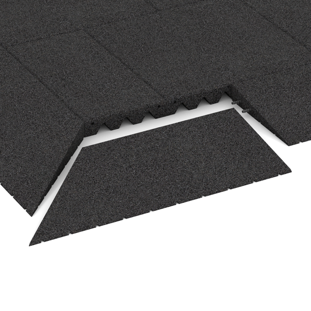 Großaufnahme vom Verbindungssystem von WARCO-Boden 2216 - linke Eck-Keilhälfte im Farbdesign Antracit. Abmessungen 750 x 300 mm | 8 <  50 mm.