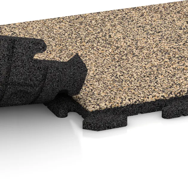 Großaufnahme vom Verbindungssystem von WARCO-Boden 1228 - Fitnes talne plošče iz gume Classic im Farbdesign Travertin. Abmessungen 500 x 500 x 30 mm.