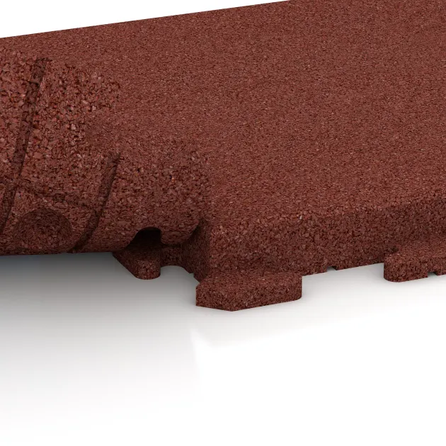 Großaufnahme vom Verbindungssystem von WARCO-Boden 1472 - Talna plošča za teraso Classic im Farbdesign Opečno rdeča. Abmessungen 500 x 500 x 50 mm.