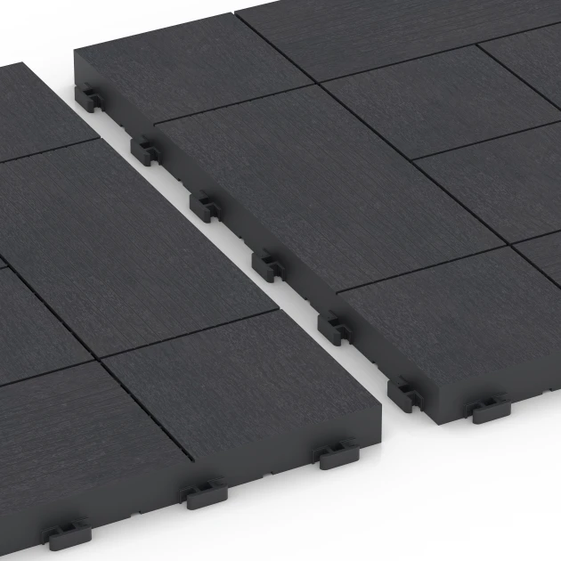 Großaufnahme vom Verbindungssystem von WARCO-Boden 6236 - Panelni vzorec – Terasne plošče im Farbdesign Skrilavec. Abmessungen 38,5 x 38,5 x 2 cm.