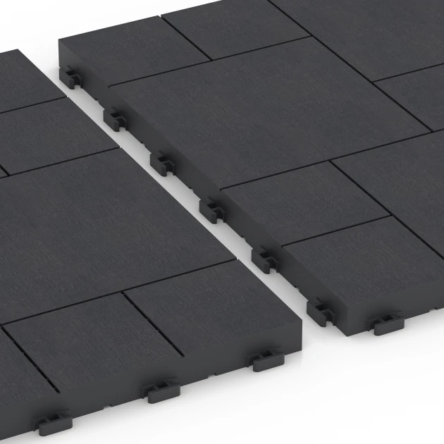 Großaufnahme vom Verbindungssystem von WARCO-Boden 6329 - Blok vzorec – Terasne plošče im Farbdesign Skrilavec. Abmessungen 38,5 x 38,5 x 2 cm.