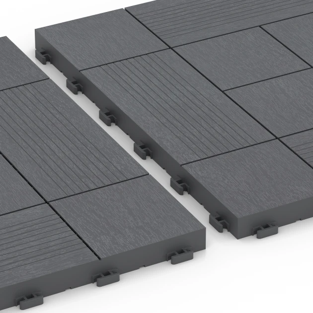 Großaufnahme vom Verbindungssystem von WARCO-Boden 6237 - Panelni vzorec – Terasne plošče im Farbdesign Srebrno siva. Abmessungen 38,5 x 38,5 x 2 cm.