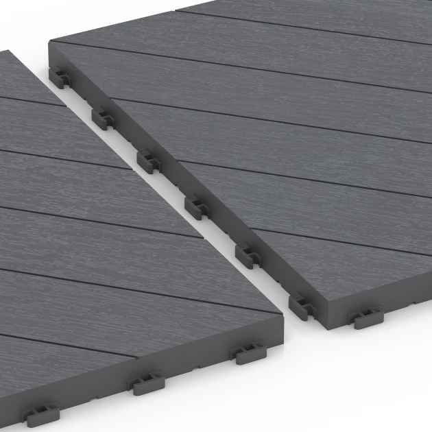 Großaufnahme vom Verbindungssystem von WARCO-Boden 6326 - Ribja kost – Terasne plošče im Farbdesign Srebrno siva. Abmessungen 38,5 x 38,5 x 2 cm.