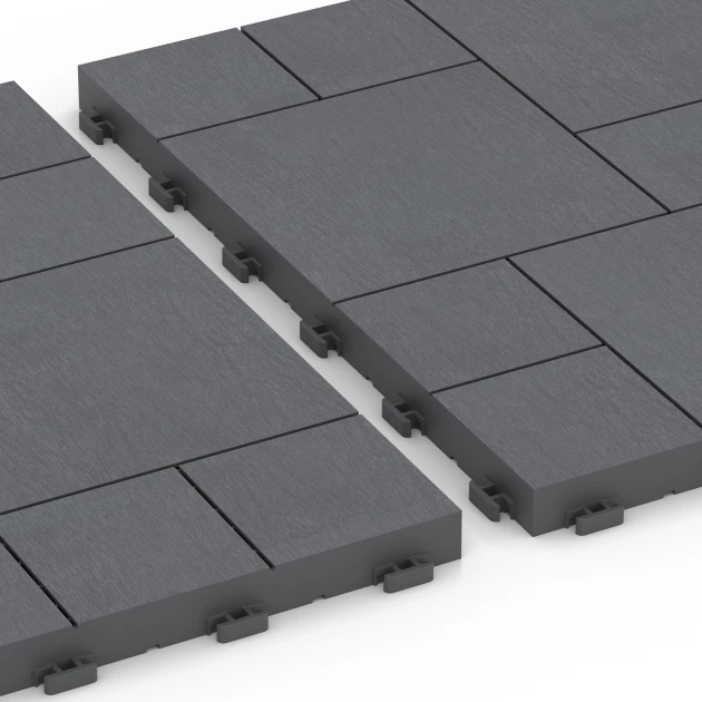 Großaufnahme vom Verbindungssystem von WARCO-Boden 6330 - Blok vzorec – Terasne plošče im Farbdesign Srebrno siva. Abmessungen 38,5 x 38,5 x 2 cm.