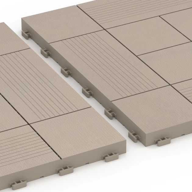 Großaufnahme vom Verbindungssystem von WARCO-Boden 6238 - Panelni vzorec – Terasne plošče im Farbdesign Vanilija. Abmessungen 38,5 x 38,5 x 2 cm.