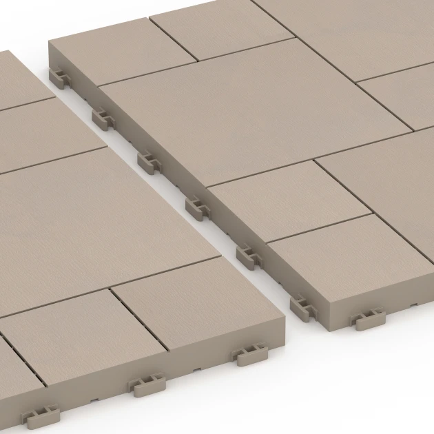 Großaufnahme vom Verbindungssystem von WARCO-Boden 6331 - Blok vzorec – Terasne plošče im Farbdesign Vanilija. Abmessungen 38,5 x 38,5 x 2 cm.