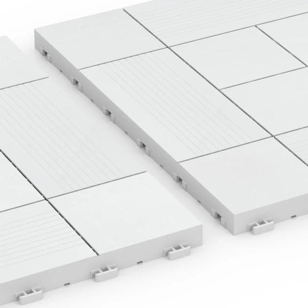 Großaufnahme vom Verbindungssystem von WARCO-Boden 6235 - Panelni vzorec – Terasne plošče im Farbdesign Kreda. Abmessungen 38,5 x 38,5 x 2 cm.
