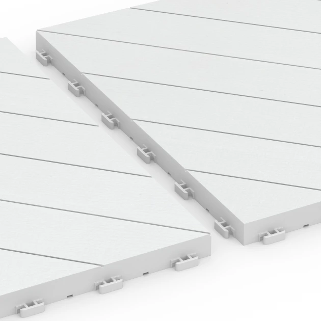 Großaufnahme vom Verbindungssystem von WARCO-Boden 6328 - Ribja kost – Terasne plošče im Farbdesign Kreda. Abmessungen 38,5 x 38,5 x 2 cm.