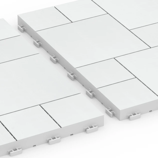 Großaufnahme vom Verbindungssystem von WARCO-Boden 6333 - Blok vzorec – Terasne plošče im Farbdesign Kreda. Abmessungen 38,5 x 38,5 x 2 cm.