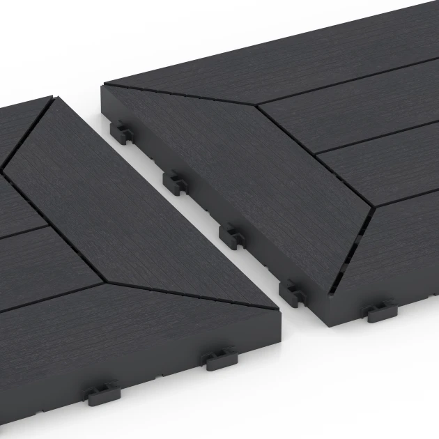 Großaufnahme vom Verbindungssystem von WARCO-Boden 6346 - Kasetni vzorec – Terasne plošče im Farbdesign Skrilavec. Abmessungen 30 x 30 x 2 cm.