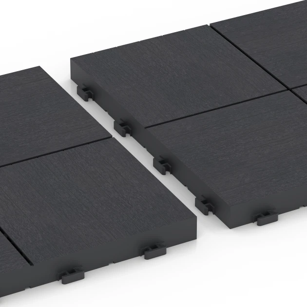 Großaufnahme vom Verbindungssystem von WARCO-Boden 6347 - Mozaik – Terasne plošče im Farbdesign Skrilavec. Abmessungen 30 x 30 x 2 cm.