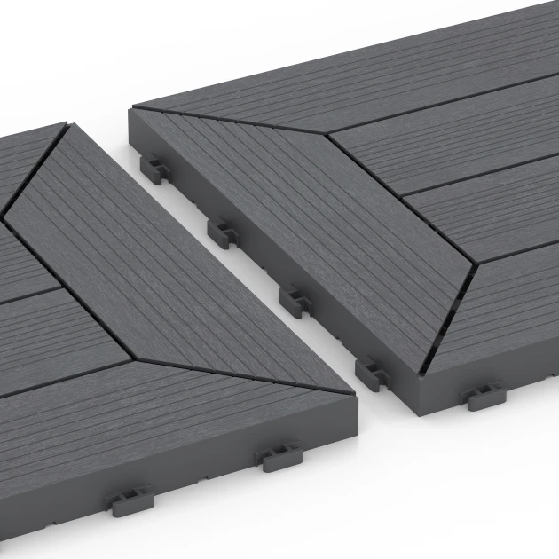 Großaufnahme vom Verbindungssystem von WARCO-Boden 6348 - Kasetni vzorec – Terasne plošče im Farbdesign Srebrno siva. Abmessungen 30 x 30 x 2 cm.