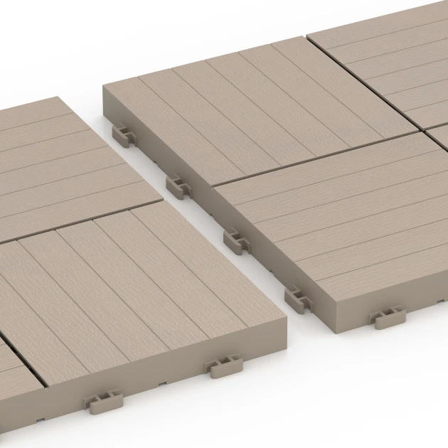 Großaufnahme vom Verbindungssystem von WARCO-Boden 6351 - Mozaik – Terasne plošče im Farbdesign Vanilija. Abmessungen 30 x 30 x 2 cm.